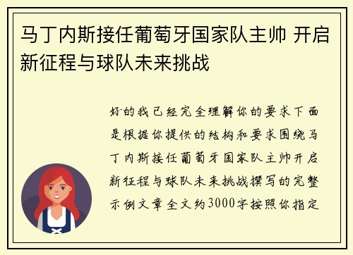 马丁内斯接任葡萄牙国家队主帅 开启新征程与球队未来挑战